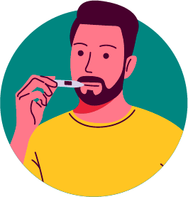 Ilustração de um homem com um termomêtro a boca aferindo sua temperatura